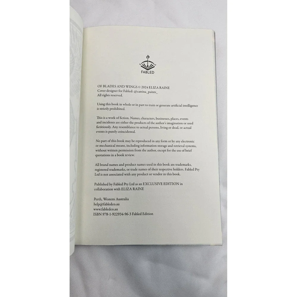 Of Blades and Wings Eliza Raine Fabled Signed HC Exclusive‎ Edition Book